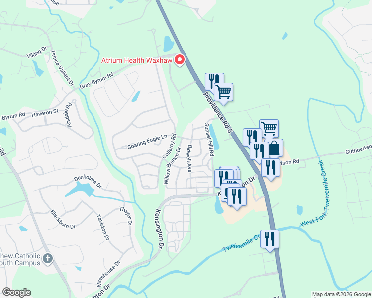 map of restaurants, bars, coffee shops, grocery stores, and more near 3049 Scottcrest Way in Waxhaw