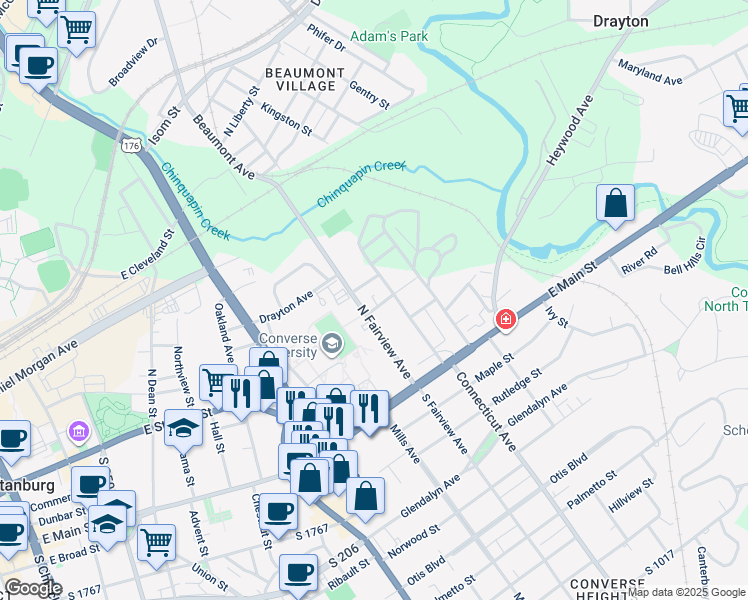 map of restaurants, bars, coffee shops, grocery stores, and more near 195 North Fairview Avenue in Spartanburg