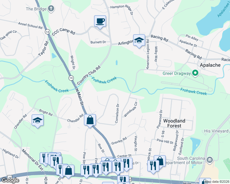 map of restaurants, bars, coffee shops, grocery stores, and more near 231 Cornelson Drive in Greer