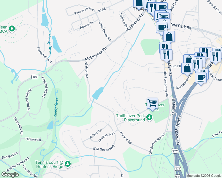 map of restaurants, bars, coffee shops, grocery stores, and more near 309 Southcreek Drive in Travelers Rest