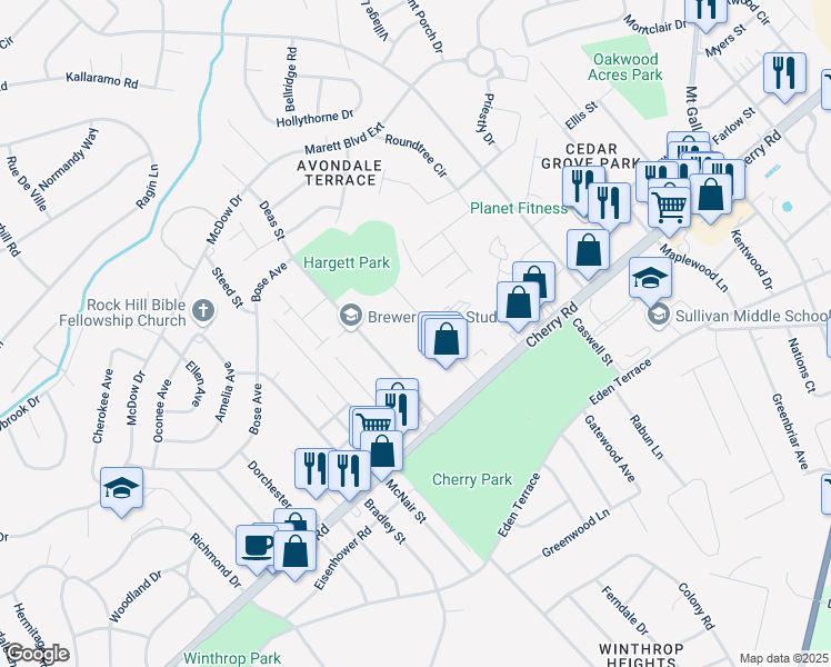 map of restaurants, bars, coffee shops, grocery stores, and more near 1061 Hearn Street in Rock Hill