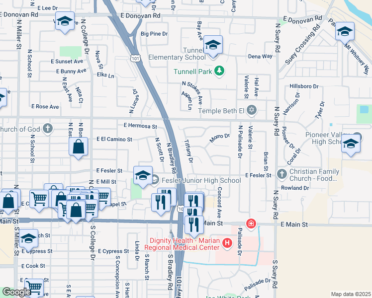 map of restaurants, bars, coffee shops, grocery stores, and more near 429 Tiffany Drive in Santa Maria