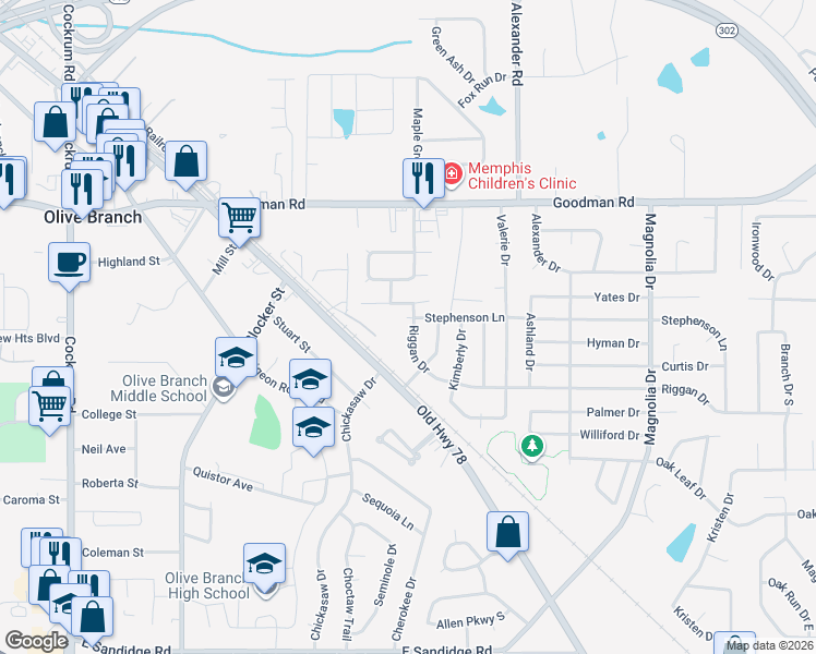 map of restaurants, bars, coffee shops, grocery stores, and more near 9745 Riggan Drive in Olive Branch