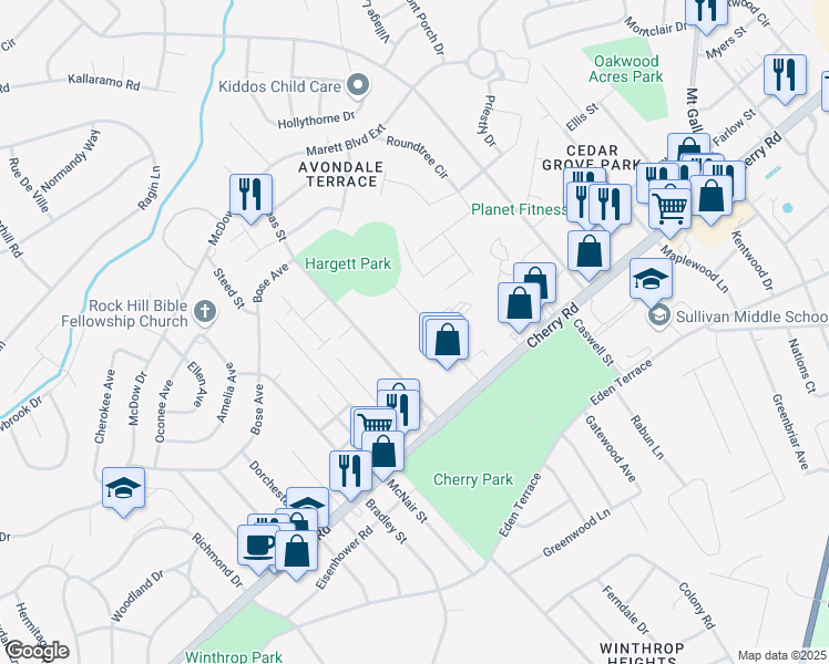 map of restaurants, bars, coffee shops, grocery stores, and more near 1051 Hearn Street in Rock Hill