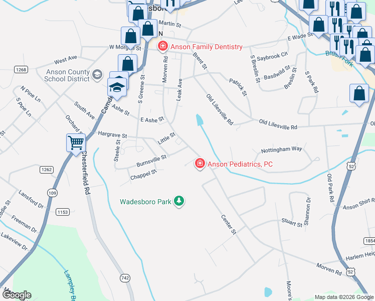 map of restaurants, bars, coffee shops, grocery stores, and more near 106 Wadesborough Place in Wadesboro