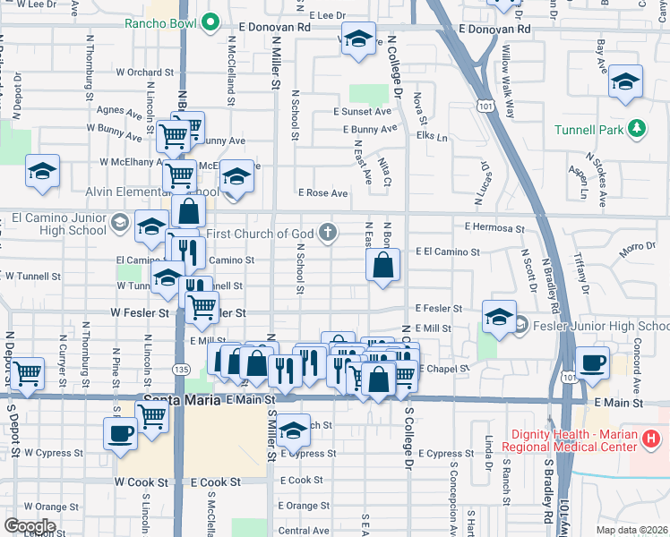 map of restaurants, bars, coffee shops, grocery stores, and more near 520 East Tunnell Street in Santa Maria