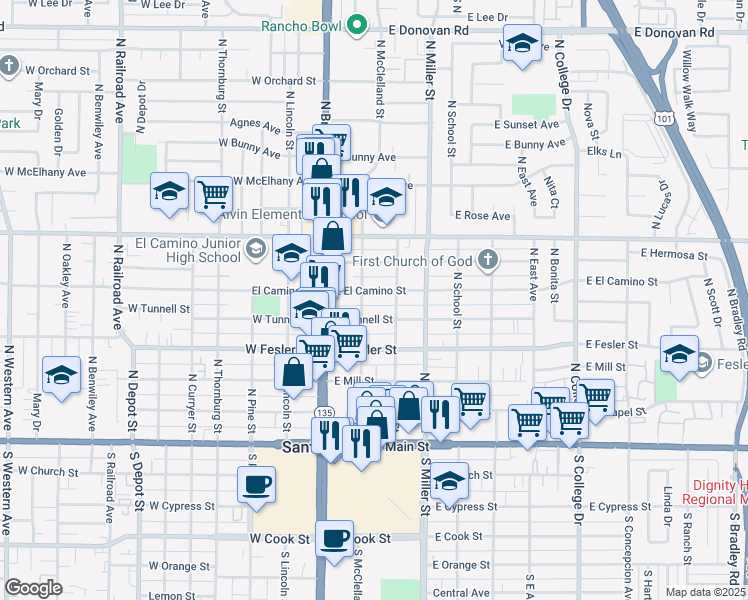 map of restaurants, bars, coffee shops, grocery stores, and more near 214 East Tunnell Street in Santa Maria