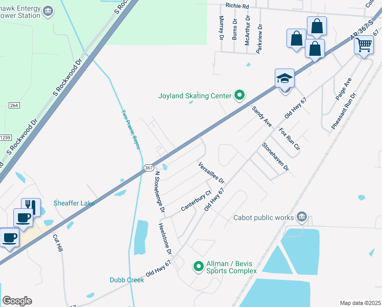 map of restaurants, bars, coffee shops, grocery stores, and more near 2416 Palisade Drive in Cabot