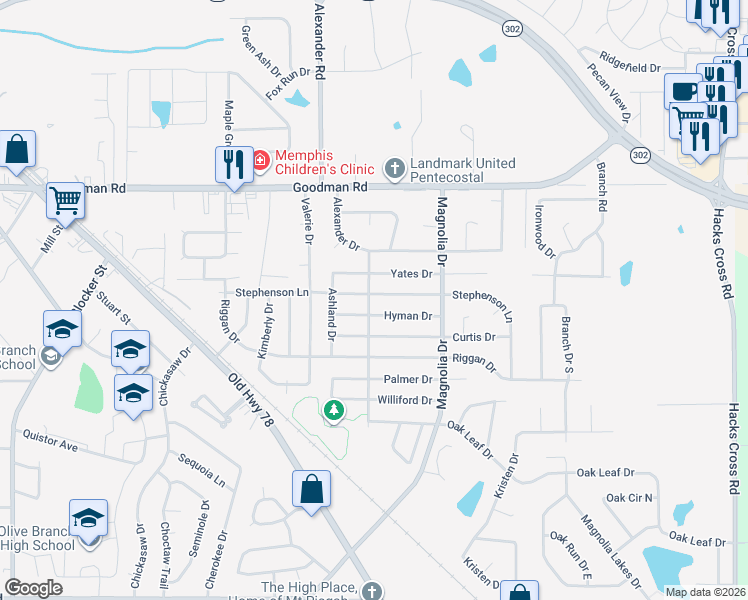 map of restaurants, bars, coffee shops, grocery stores, and more near 10101 Hyman Drive in Olive Branch
