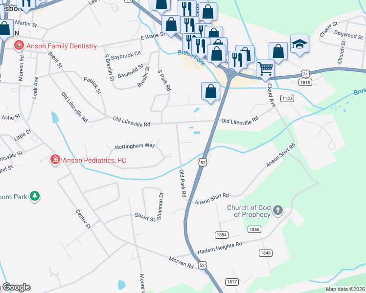 map of restaurants, bars, coffee shops, grocery stores, and more near 501 Mary Sullivan Road in Wadesboro