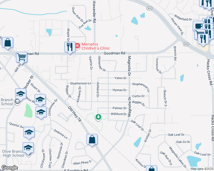 map of restaurants, bars, coffee shops, grocery stores, and more near 10101 Hyman Drive in Olive Branch