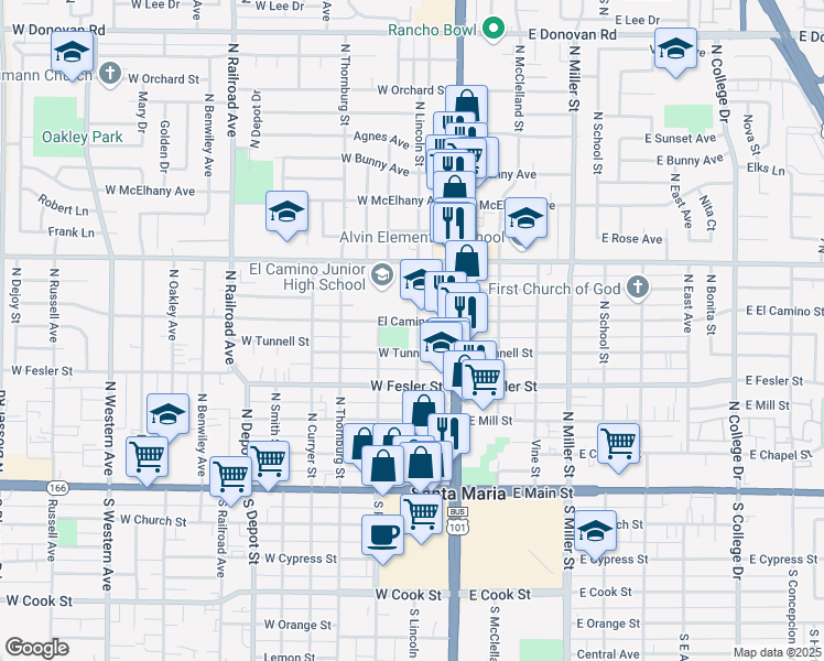 map of restaurants, bars, coffee shops, grocery stores, and more near 517 North Lincoln Street in Santa Maria