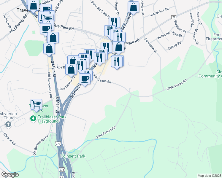 map of restaurants, bars, coffee shops, grocery stores, and more near 250 Little Texas Road in Travelers Rest