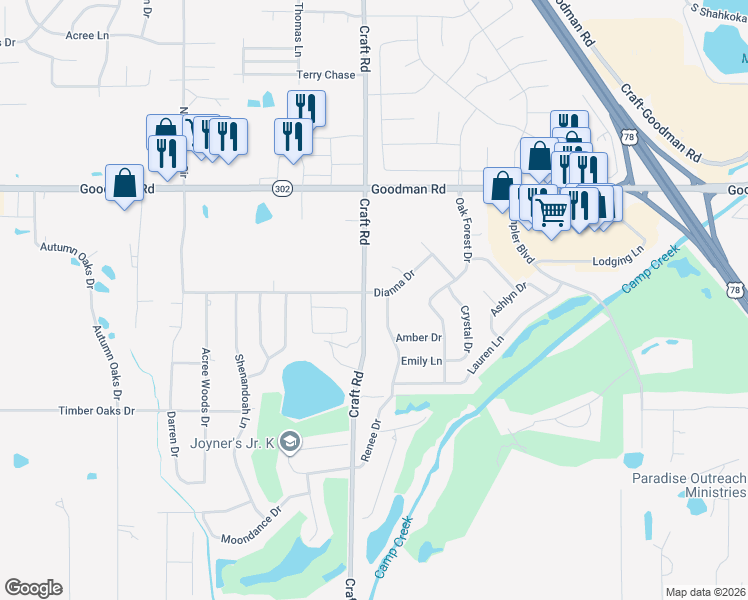 map of restaurants, bars, coffee shops, grocery stores, and more near 6747 Dianna Drive in Olive Branch