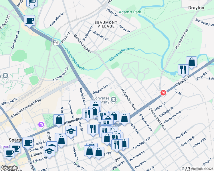 map of restaurants, bars, coffee shops, grocery stores, and more near 564 Drayton Avenue in Spartanburg