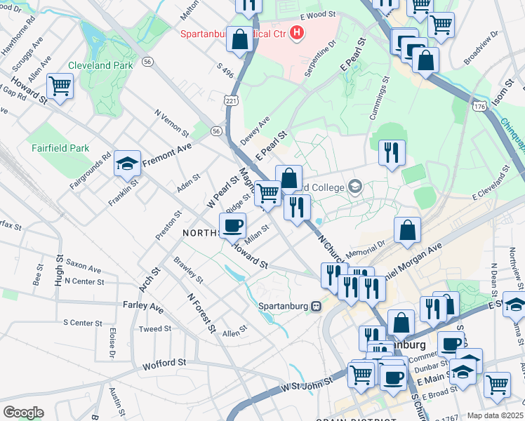 map of restaurants, bars, coffee shops, grocery stores, and more near 525 Magnolia Street in Spartanburg