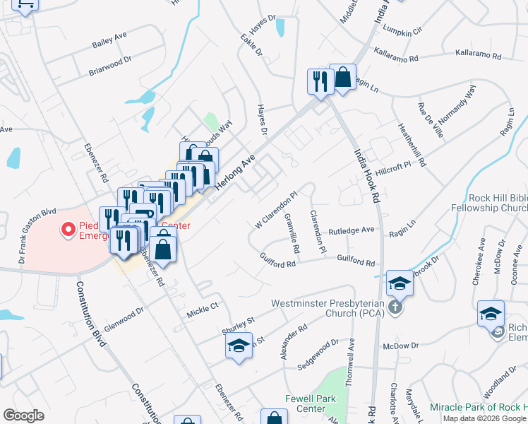 map of restaurants, bars, coffee shops, grocery stores, and more near 427 Clarendon Place in Rock Hill