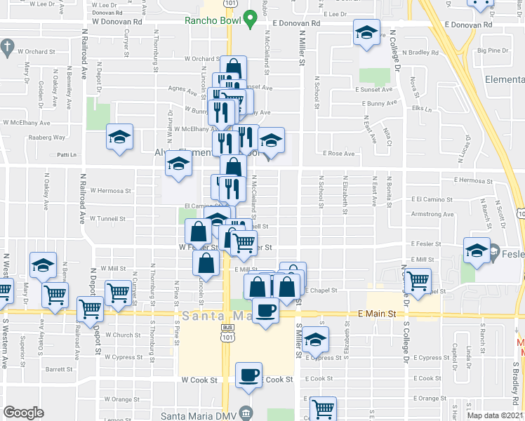 map of restaurants, bars, coffee shops, grocery stores, and more near 208 East El Camino Street in Santa Maria