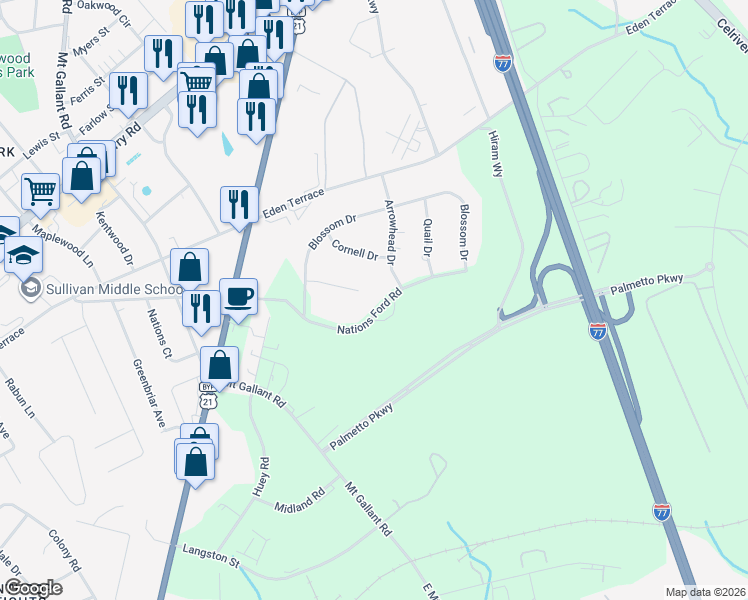 map of restaurants, bars, coffee shops, grocery stores, and more near 2259 Shamrock Court in Rock Hill