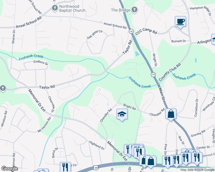 map of restaurants, bars, coffee shops, grocery stores, and more near 309 Taylor Road in Greer