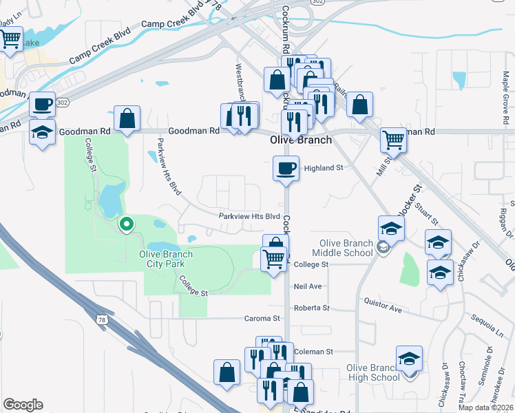 map of restaurants, bars, coffee shops, grocery stores, and more near 6782 Whooper Swan Dr in Olive Branch