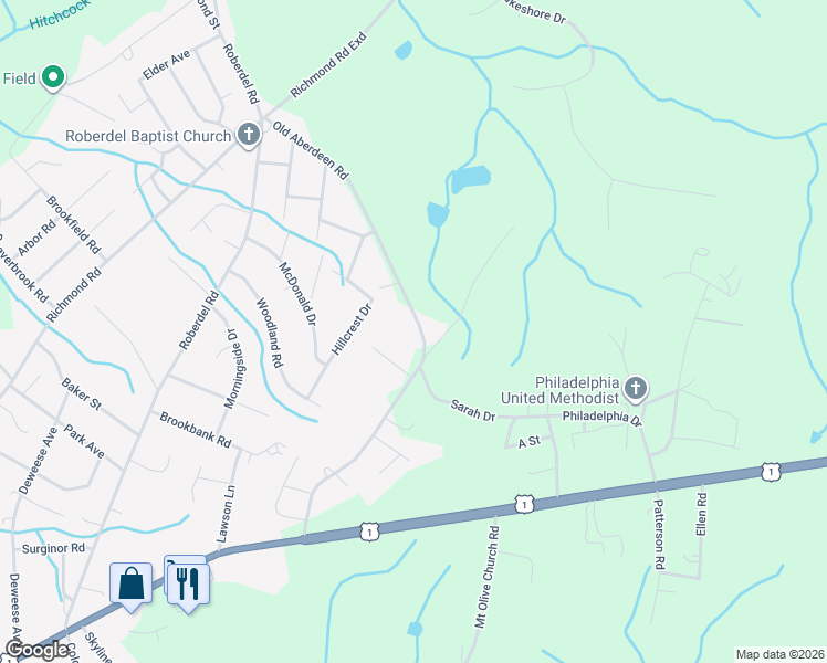 map of restaurants, bars, coffee shops, grocery stores, and more near 2401 Old Aberdeen Road in Rockingham