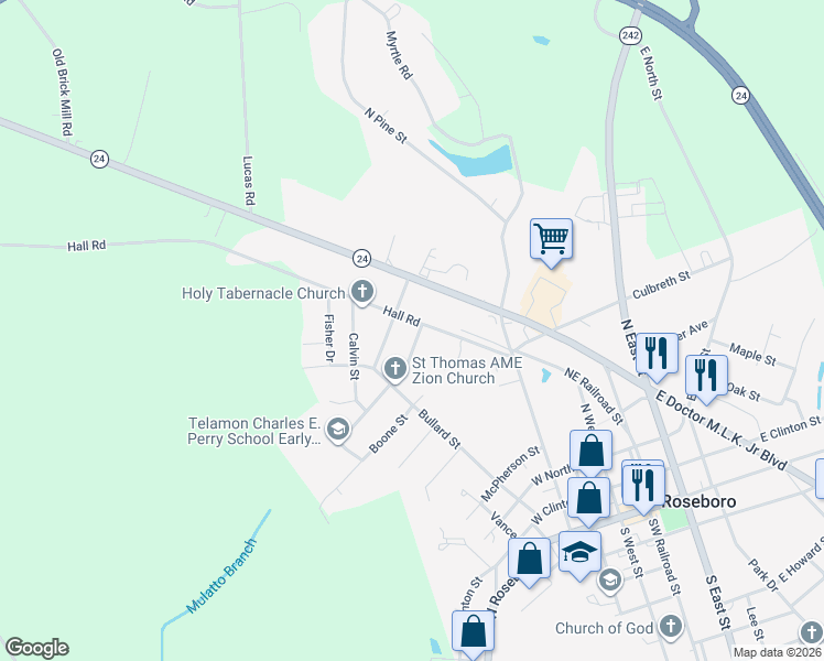 map of restaurants, bars, coffee shops, grocery stores, and more near 318-398 Johnson Street in Roseboro