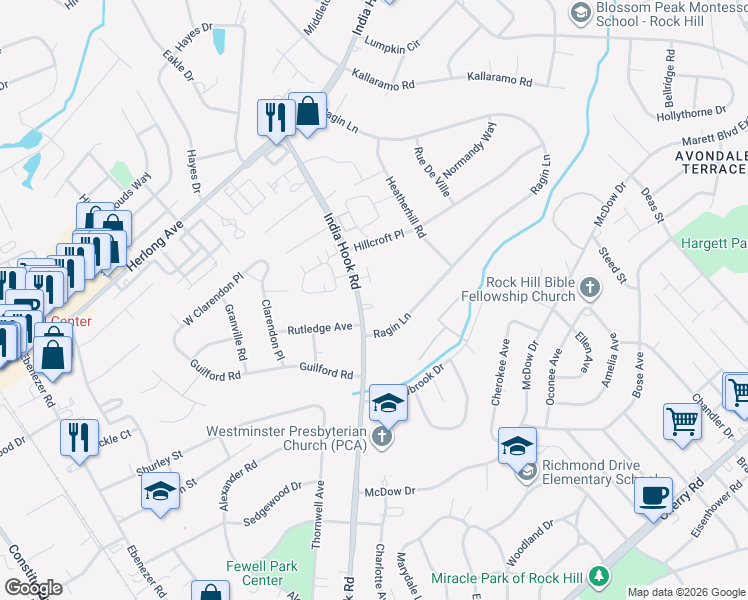 map of restaurants, bars, coffee shops, grocery stores, and more near 1638 India Hook Road in Rock Hill