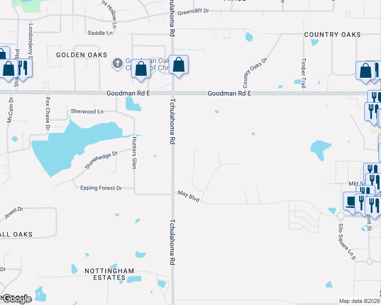map of restaurants, bars, coffee shops, grocery stores, and more near 6709 Tchulahoma Road in Southaven