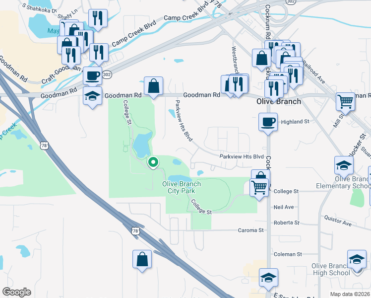 map of restaurants, bars, coffee shops, grocery stores, and more near Oak Heights Lane in Olive Branch