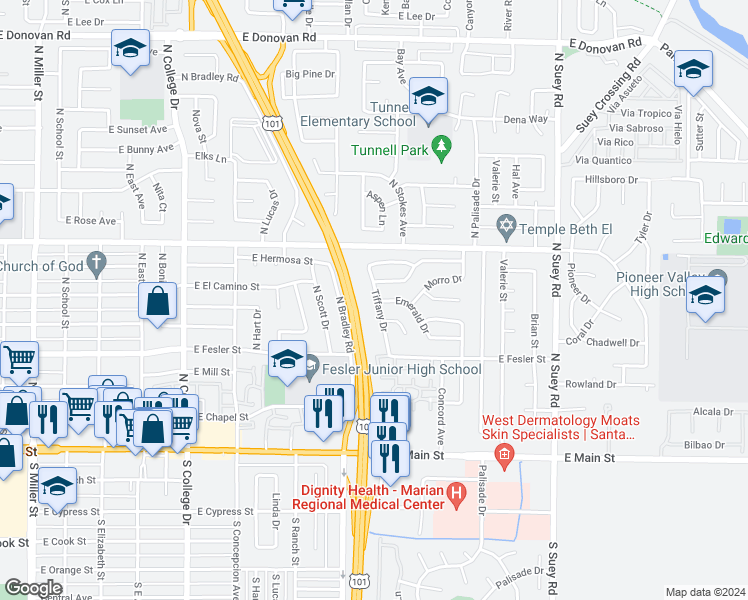 map of restaurants, bars, coffee shops, grocery stores, and more near 605A Tiffany Drive in Santa Maria