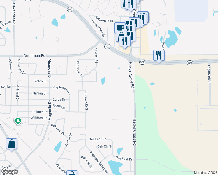 map of restaurants, bars, coffee shops, grocery stores, and more near 6741 Hacks Cross Road in Olive Branch