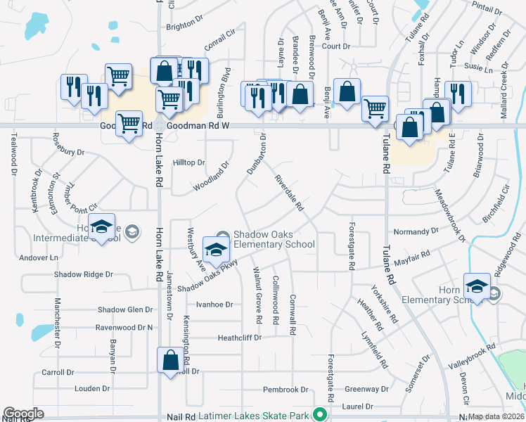 map of restaurants, bars, coffee shops, grocery stores, and more near 3520 Dorchester Drive in Horn Lake