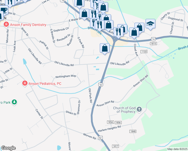 map of restaurants, bars, coffee shops, grocery stores, and more near 502 Pine Terrace Street in Wadesboro