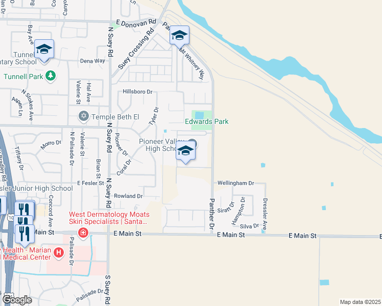 map of restaurants, bars, coffee shops, grocery stores, and more near 675 Panther Drive in Santa Maria
