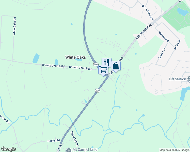 map of restaurants, bars, coffee shops, grocery stores, and more near 2404 Lancaster Highway in Monroe