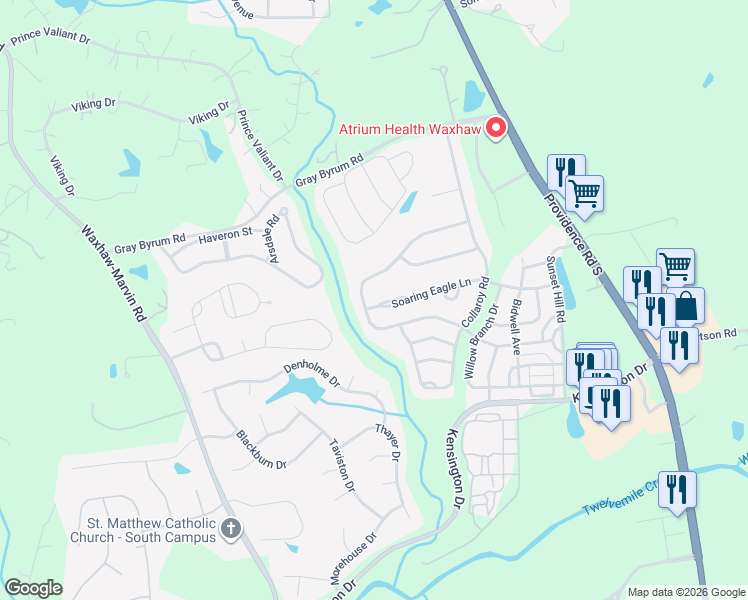 map of restaurants, bars, coffee shops, grocery stores, and more near 8612 Whitehawk Hill Road in Waxhaw