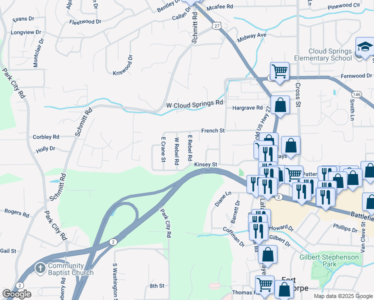 map of restaurants, bars, coffee shops, grocery stores, and more near 1717 East Rebel Road in Rossville
