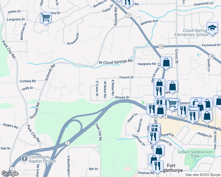 map of restaurants, bars, coffee shops, grocery stores, and more near 1717 East Rebel Road in Rossville