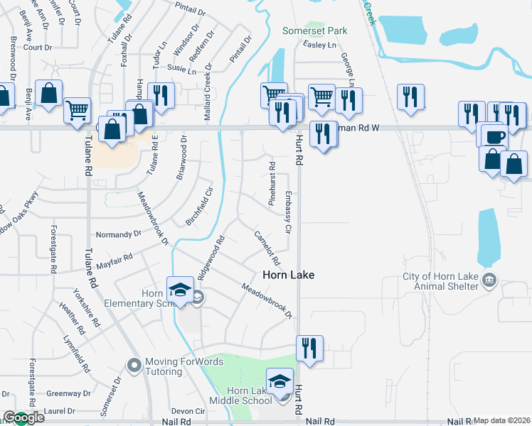 map of restaurants, bars, coffee shops, grocery stores, and more near 6755 Pinehurst Road in Horn Lake