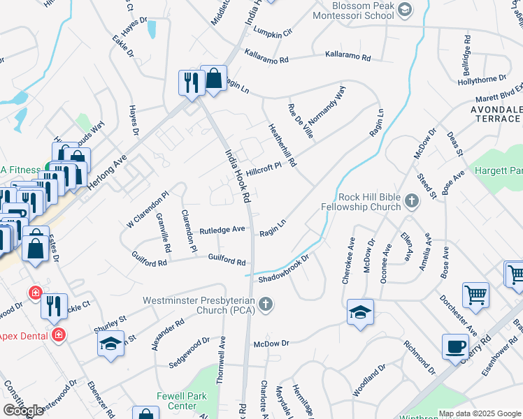 map of restaurants, bars, coffee shops, grocery stores, and more near 1610 India Hook Road in Rock Hill