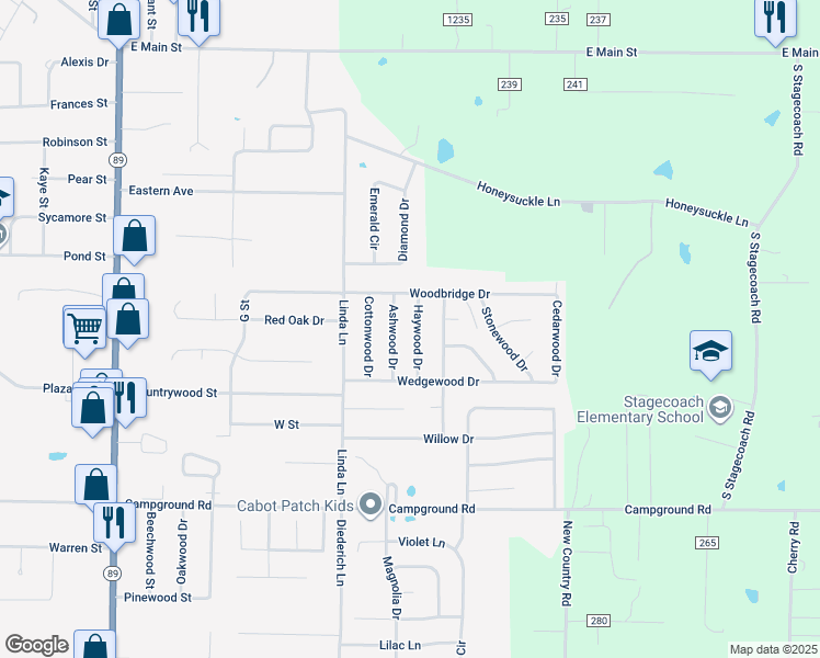 map of restaurants, bars, coffee shops, grocery stores, and more near 18 Haywood Drive in Cabot