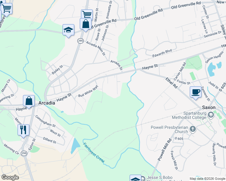 map of restaurants, bars, coffee shops, grocery stores, and more near 180 Bowers Court in Spartanburg