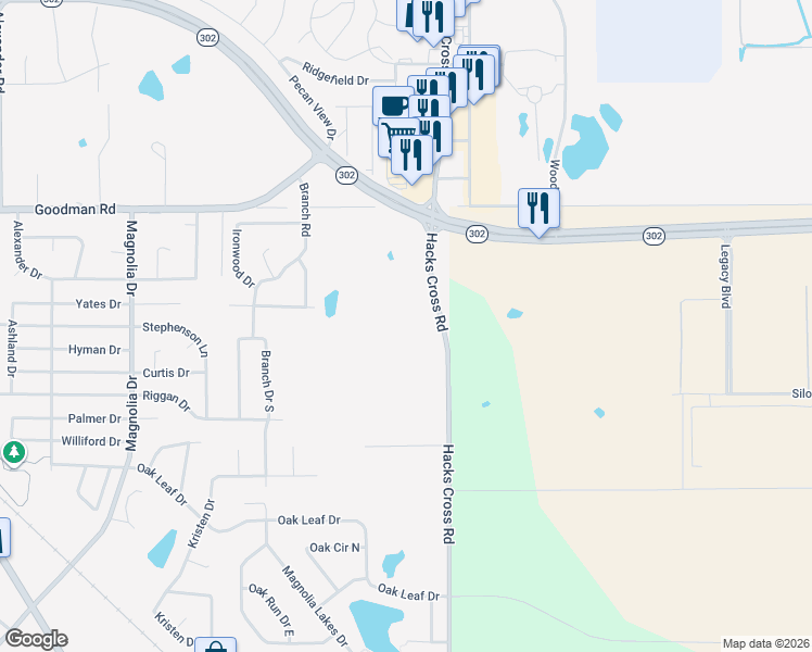 map of restaurants, bars, coffee shops, grocery stores, and more near 6741 Hacks Cross Road in Olive Branch