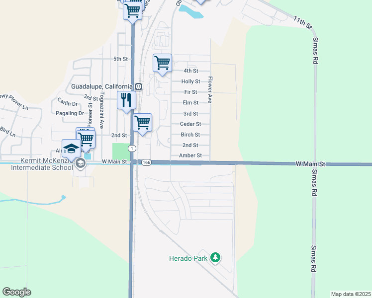 map of restaurants, bars, coffee shops, grocery stores, and more near 4485 2nd Street in Guadalupe