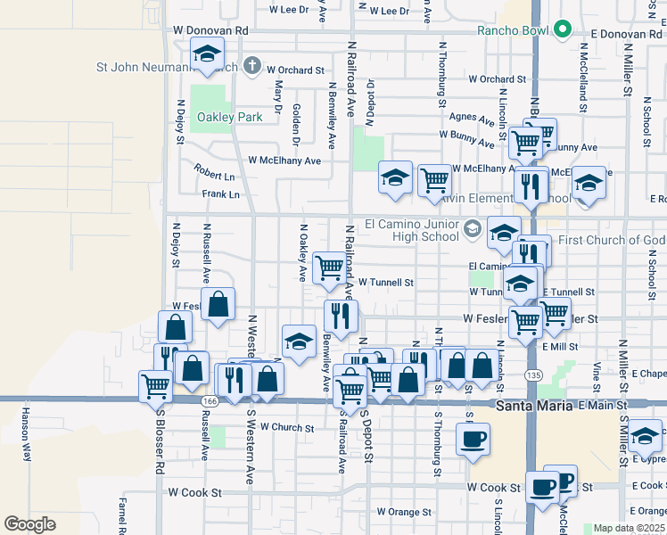 map of restaurants, bars, coffee shops, grocery stores, and more near 600 North Benwiley Avenue in Santa Maria