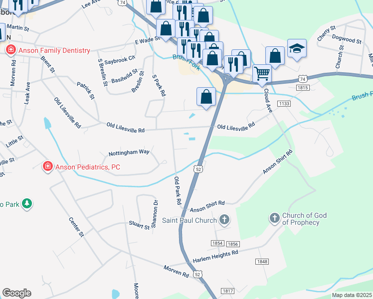 map of restaurants, bars, coffee shops, grocery stores, and more near 502 Pine Terrace Street in Wadesboro