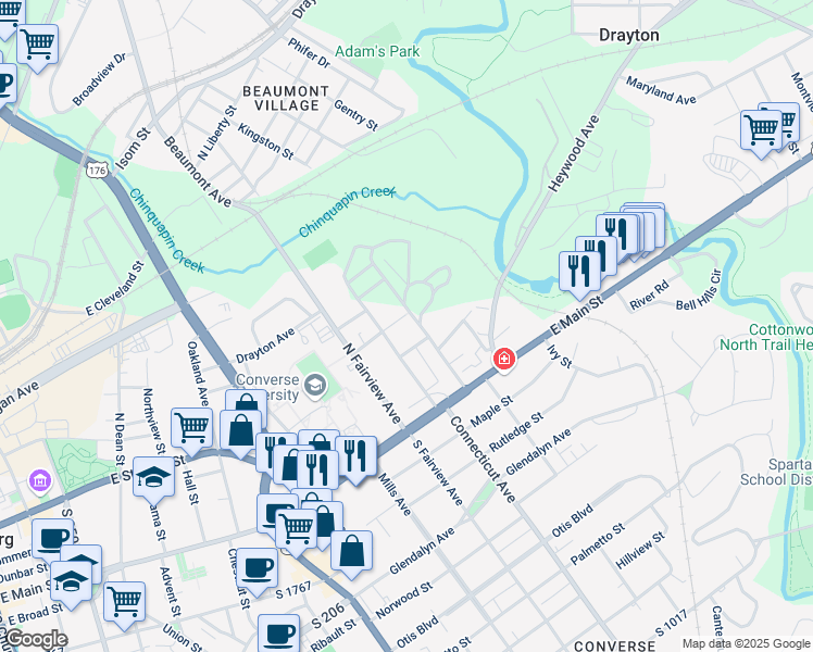 map of restaurants, bars, coffee shops, grocery stores, and more near 191 Oakwood Avenue in Spartanburg