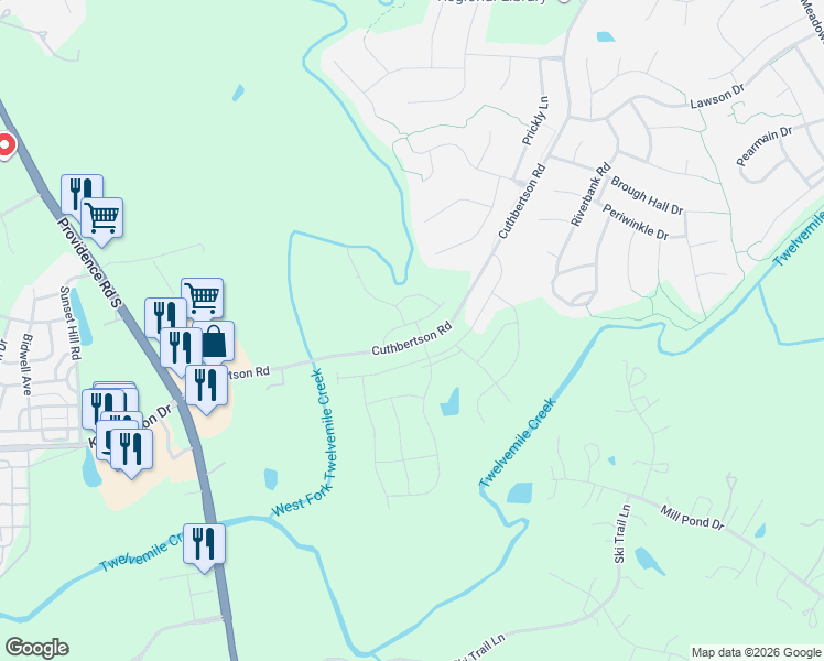 map of restaurants, bars, coffee shops, grocery stores, and more near 2122 Cuthbertson Road in Waxhaw
