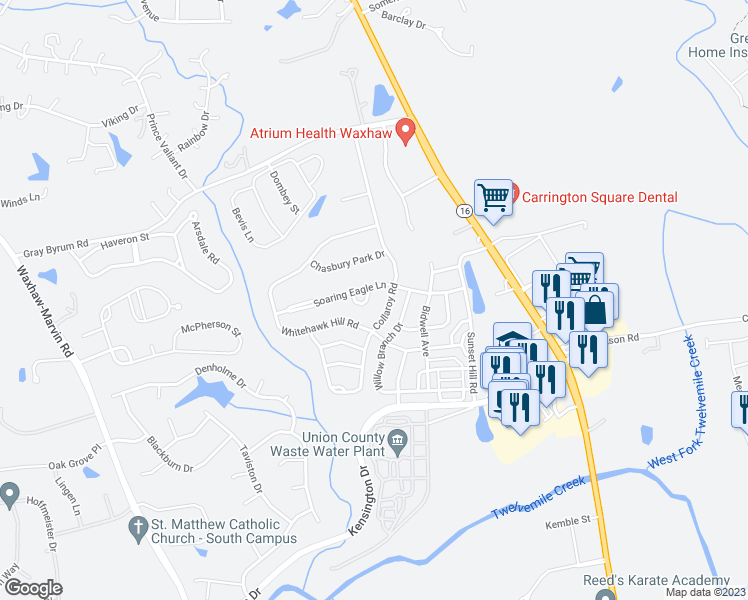 map of restaurants, bars, coffee shops, grocery stores, and more near 3005 Misty Moss Court in Waxhaw